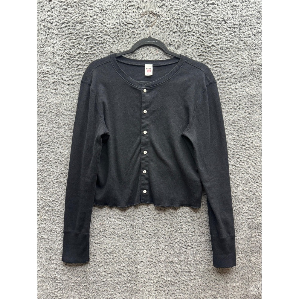 Re/Done By Hanes Ribbed Knit Cotton Cropped Cardigan Sweater Black Womens Size S